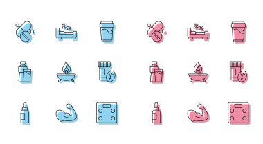 Temel yağ şişesi, vücut geliştirici kas, vitamin hapı, banyo terazisi, Aroma mumu, camlı bir şişe su ve uyku ikonu. Vektör