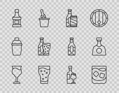 Şarap kadehi, bir bardak viski, bira şişesi ve bira kutusu, viski ve tekila ikonu. Vektör