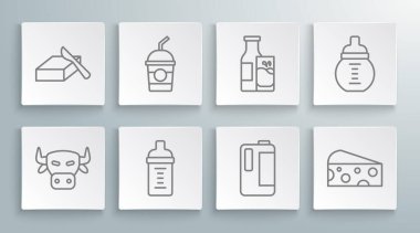 İnek kafası, milkshake, şişedeki bebek sütü, plastik, peynir, şişe ve bardak ve tereyağı tabağı ikonu. Vektör