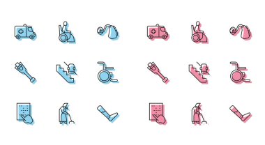 Braille, büyükanne, acil durum arabası, protez bacak, engelli asansör tekerlekli sandalye ve tekerlekli sandalye ikonu. Vektör