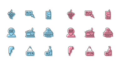 Tarayıcı barkod taraması, açık üzüm suyu, şarap şişesi, teneke havyar, meyve için tahta kutu, konum marketi ve satın alma düğmesi simgesiyle işaretleme ayarlayın. Vektör
