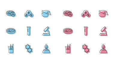 Laboratuar önü, molekül, zehirli sıvıyla test tüpü, alkol ruh yakıcı, mikroskop, petri kabı bakterisi ve sülfür dioksit SO2 ikonu. Vektör