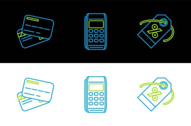 Satır İndirim yüzde etiketi, Kredi kartı ve Pos terminal simgesini ayarla. Vektör