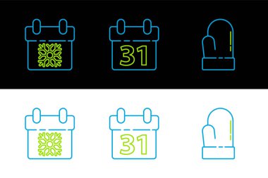 Set line Christmas mitten, Calendar and  icon. Vector