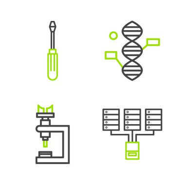 Satır Sunucusu, Data, Web Sunucusu, Mikroskop, DNA sembolü ve tornavida simgesi ayarla. Vektör