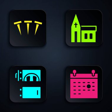 Takvim ölümü, metal çiviler, krematoryum ve kilise binasını ayarlayın. Siyah kare düğme. Vektör.