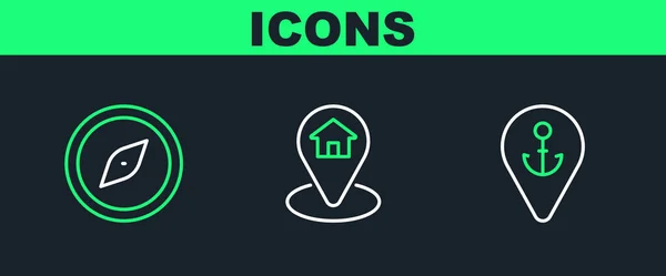 Set Line Location Anchor Compass House Icon Vector — Stock Vector