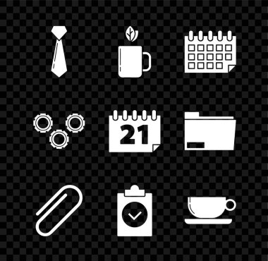 Set kravat, çay ve yaprak, takvim, ataç, tamamlanmış görev, kahve fincanı dairesi, vites ve ikon. Vektör