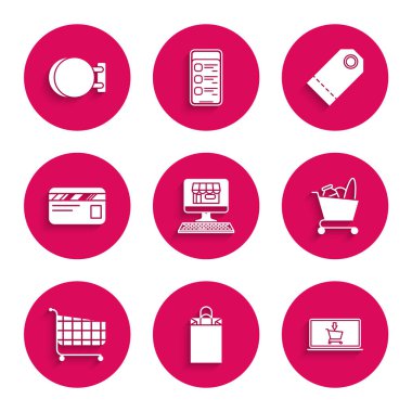 Alışveriş binasını ekran bilgisayarına, alışveriş çantasına, alışveriş çantasına, yemek çantasına, kredi kartına, boş etiket fiyat etiketine ve simge asma ikonuna ayarla. Vektör