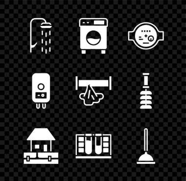 Duş, çamaşır makinesi, su sayacı, ikmal boruları, su damlacıklı test tüpü, lastik pompa, elektrikli kazan ve kırık ikon. Vektör