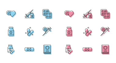İlaç şişesi, hap, bandaj, haçlı kalp, tıp kitabı, tablet, şırınga iğnesi ve ampul ikonu hazırlayın. Vektör
