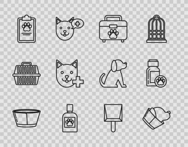 Koruyucu tasma, veteriner kliniği sembolü, evcil hayvan ilk yardım çantası, köpek ilacı şişesi, tıbbi kayıt evcil hayvanlı pano, faraş ve ikon. Vektör