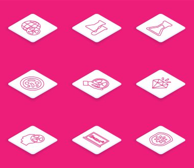 Gezegen ve radyasyon hattı, test tüpü şişesi, bakteri, radyoaktif, elmas, baş sembol ve denklem çözeltisi ikonu. Vektör