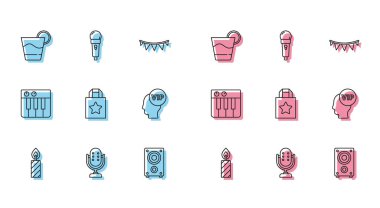 Doğumgünü pastası mumları, mikrofon, Kokteyl, Stereo hoparlörü, kağıt alışveriş torbası, kafanın içinde Vip, müzik sentezleyicisi ve ikon. Vektör