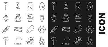 Çikolata, Donut, Şeker, Çilek reçel kavanozu, Jöle Ayıcık şekeri, Lolipop ve Dondurma ikonu. Vektör