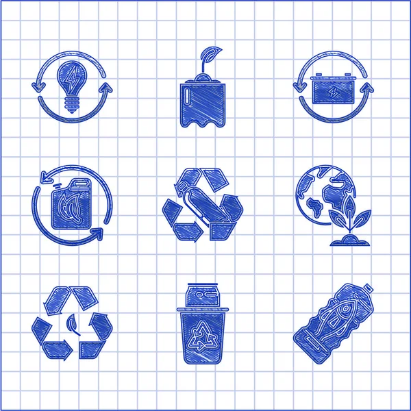 Set Recycling Plastikflasche Papierkorb Mit Recycling Symbol Und Kann Ozeanverschmutzung — Stockvektor