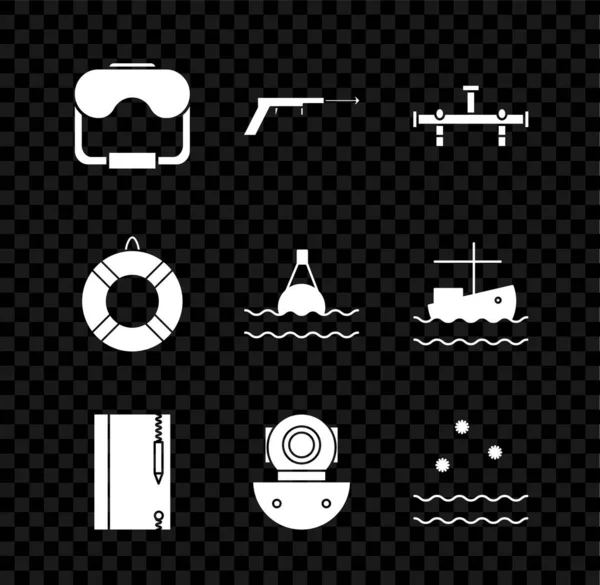 集潜水面具 钓鱼鱼叉 水下笔记本和铅笔 救生圈和漂浮于一体的海图标为一体 — 图库矢量图片