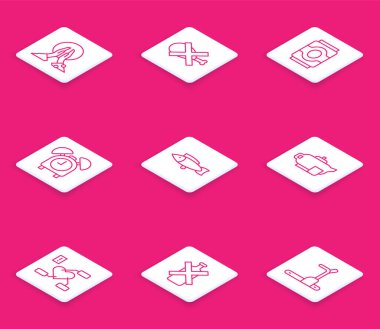 Meditasyon hattı, et yok, soda kutusu, alarm saati, fincanlı çaydanlık, kalp ve alkol ikonuna dikkat. Vektör