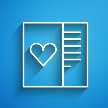 Mavi arka planda kalp ikonu olan beyaz çizgi kartpostalı. Mesaj aşkım. Aşk ve romantizm mektubu. Uzun gölge. Vektör.