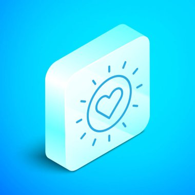 Isometric çizgi Sun simgesi mavi arkaplanda izole edildi. Gümüş kare düğme. Vektör.