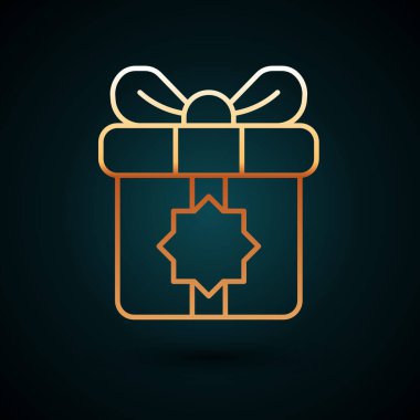 Altın çizgili hediye kutusu simgesi koyu mavi arkaplanda izole edilmiş. Kutsal ay, Ramazan, Noel hediyesi paketler, doğum günü, sevgililer günü. Vektör