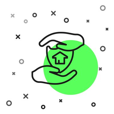 Beyaz arka planda siyah çizgi ev ve kalkan simgesi var. Sigorta konsepti. Güvenlik, güvenlik, koruma, konsept koruma. Vektör