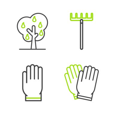 Armut ikonlu bahçe eldivenleri, tırmık ve ağaç koyun. Vektör