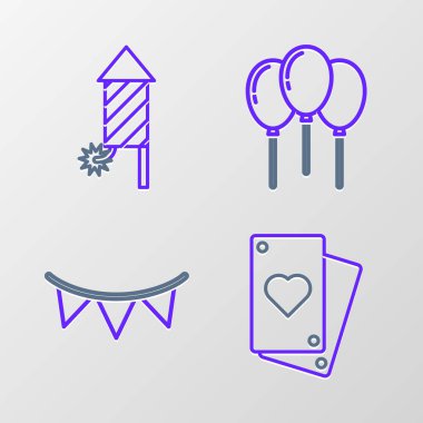 Çizgiyi belirle. Karnaval çelengi, bayraklı balon kurdelesi ve havai fişek roketi ikonu. Vektör.