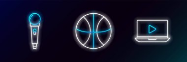 Set hattı Online video mikrofon ve basketbol topu ikonu. Parlayan neon. Vektör.