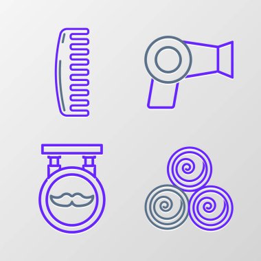 Çizgi Havlu, berber dükkanı saç kurutma makinesi ve saç fırçası ikonunu sarıyor. Vektör.