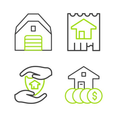 Evi dolar kalkanı ve garaj ikonu ile donatın. Vektör.