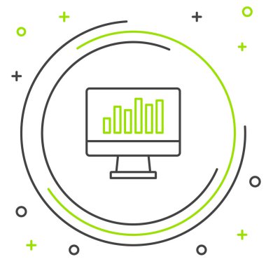 Grafik çizelgesi simgesi olan çizgi bilgisayar monitörü beyaz arkaplanda izole edildi. Metin dosya simgesini rapor et. Muhasebe tabelası. Denetim, analiz, planlama. Renkli taslak konsepti. Vektör