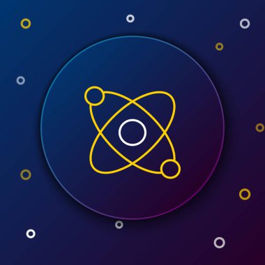 Satır Atom simgesi mavi arkaplanda izole edildi. Bilimin, eğitimin, nükleer fiziğin, bilimsel araştırmaların sembolü. Renkli taslak konsepti. Vektör