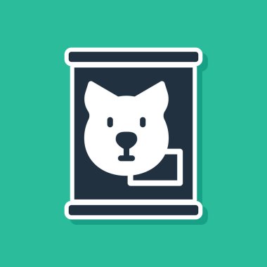 Yeşil arka planda mavi konserve ikonu izole edildi. Hayvanlar için yiyecek. Evcil hayvan yiyeceği kutusu. Köpek kemiği işareti. Vektör