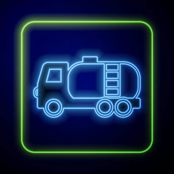 Icona Luminosa Neon Tanker Camion Isolato Sfondo Blu Petroliera Camion — Vettoriale Stock