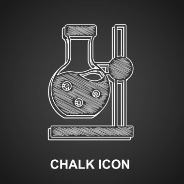 Chalk Glass test tube flask on stand icon isolated on black background. Laboratory equipment.  Vector