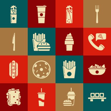 Suşi, Nachos tabağı, pizza siparişi, Doner kebabı, Burger ve patates kızartması karton kutu, Bıçak ve dondurma külahı ikonu. Vektör