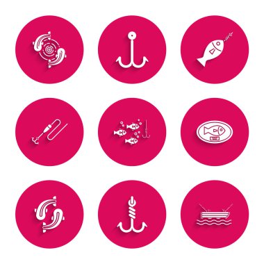 Balık oltasını balıkla suya daldırın, kayık oltasını takın, ödül tahtayı, oltayı ve ikonu sallandırın. Vektör