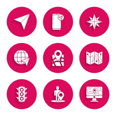 Katlanmış haritayı konum belirleyicisi, Harita silueti, kişi silueti, monitör ve katlanmış, trafik ışığı, dünyanın konumu, Rüzgar yükseldi ve Kağıt uçak simgesi. Vektör