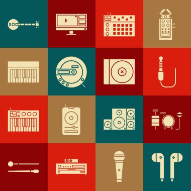 Hava kulaklıkları, Davullar, Ses Jack, Makine, Müzik CD çalar, Sentezleyici, Banjo ve DVD disk simgesi. Vektör