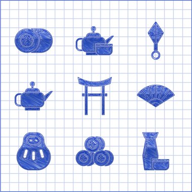 Set Japon Kapısı, Sushi, Geleneksel Japon çay töreni, Kağıt Çince veya Japon katlama hayranı, Maneki Neko kedisi, ninja shuriken ve ikon. Vektör