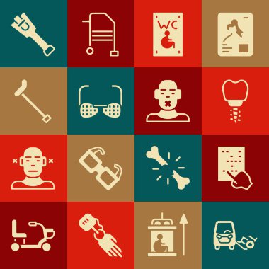 Set Disabled car, Braille, Dental implant, Separated toilet for disabled, Blind glasses, Walking stick cane, Prosthesis leg and Head of deaf and dumb icon. Vector