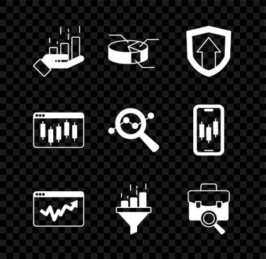 Finansal büyümeyi, pasta grafiğini, Graph 'ı, satış hunisini, iş aramasını, Tarayıcı borsasını ve Arama veri analiz simgesini ayarla. Vektör