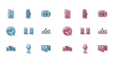 Satır CD çalar, Mikrofon, Video kaydedici veya düzenleyici yazılım monitörü, Stereo hoparlör, eşitleyici ve simge ayarla. Vektör