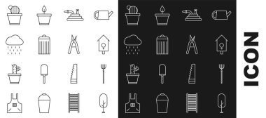 Çizgi Ağaç, bahçe yabası, Retro duvar nöbeti, hortum yangın hortumu, çöp tenekesi, yağmurlu bulut, kaktüs, sulu tencere ve bahçe yapımı el yapımı makas ikonu. Vektör