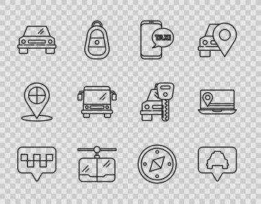 Taksi, taksi, taksi, kablo, araba, otobüs, pusula ve dizüstü bilgisayar konum simgesi ile harita işaretleyicisini ayarla. Vektör