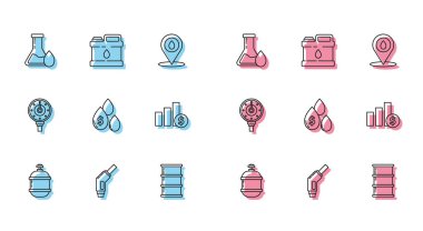 Hat Propan benzin deposu, benzin pompası hortumu, yağ benzin test tüpü, varil yağı, dolar sembolü, turta grafiği bilgisi ve motor makine simgesi için motor göstergesi için motor göstergesi ve teneke kutu koyun. Vektör