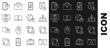 Çevrimiçi görüntülü sohbet konferansı, Proje ekibi üssü, Hiyerarşi organizogram şeması, Dilsiz mikrofon cep telefonu, Çevrimiçi çalışma, Freelancer ve ikon. Vektör