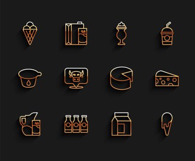 Süt sürahisi, sürahi ve bardak, süt şişesi, waffle külahında dondurma, inek kafası, peynir ve ikon için kağıt paket. Vektör