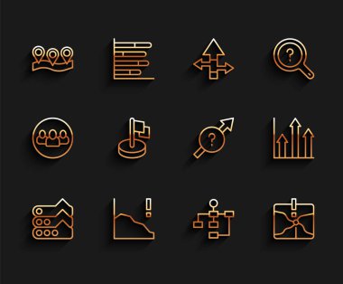 Çizgi, grafik, diyagram, finansal büyüme azalması, konum, hiyerarşi organogramı, kesişme noktası, bayrak, turta bilgisi ve ok simgesini ayarla. Vektör